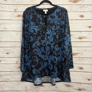 Susan Graver Black Blue Metallic Paisley Blouse Keyhole Tunic
